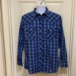 Wrangler-Men's Western Shirt-Blue Plaid-Long Sleeve Button Up-Pearl‎ Snaps-Large